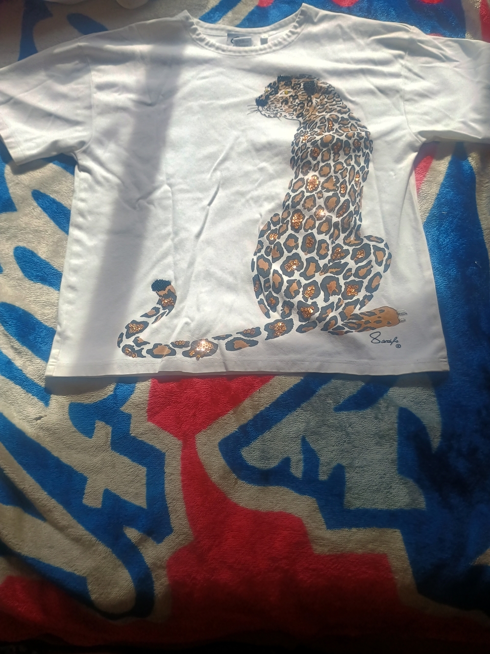White Short Sleeve Tee with Leopard Graphic